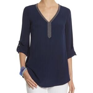 White House Black Market Beaded Silk Tunic Blue 0